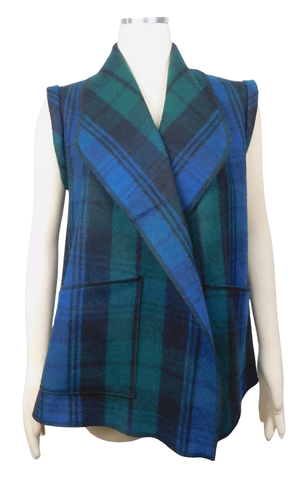Blue and green plaid vest on a mannequin against a white background