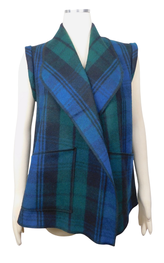 Blue and green plaid vest on a mannequin against a white background