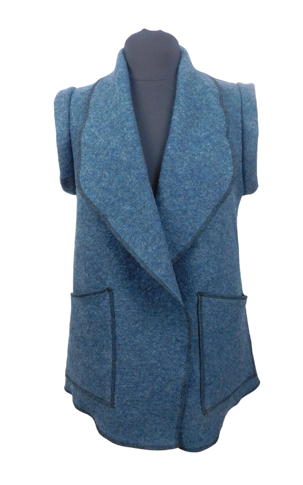 A blue boiled wool vest with patch pockets on a black dummy against a white background