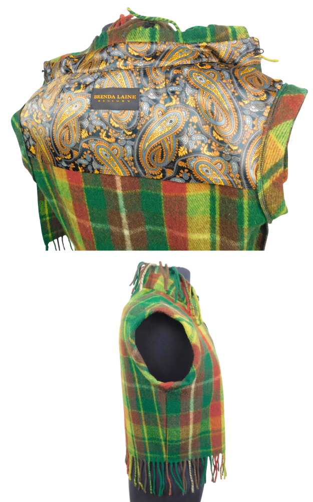 A Tartan Vest  by Brenda Laine shown in two views: a top-down view displaying the paisley pattern and brand label on lining, and a side view on a black mannequin torso showing the fringed edges and drape.