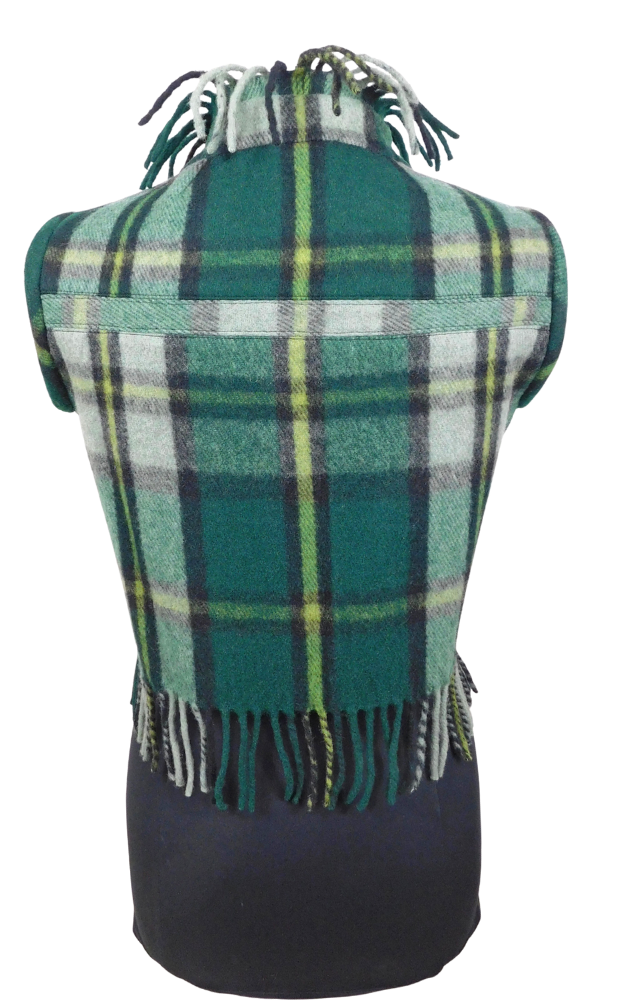 A green tartan plaid vest back view with fringe details, displayed on a black mannequin torso against a white background.