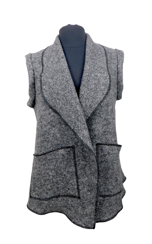 A charcoal boiled wool vest on a dress dummy against a white background