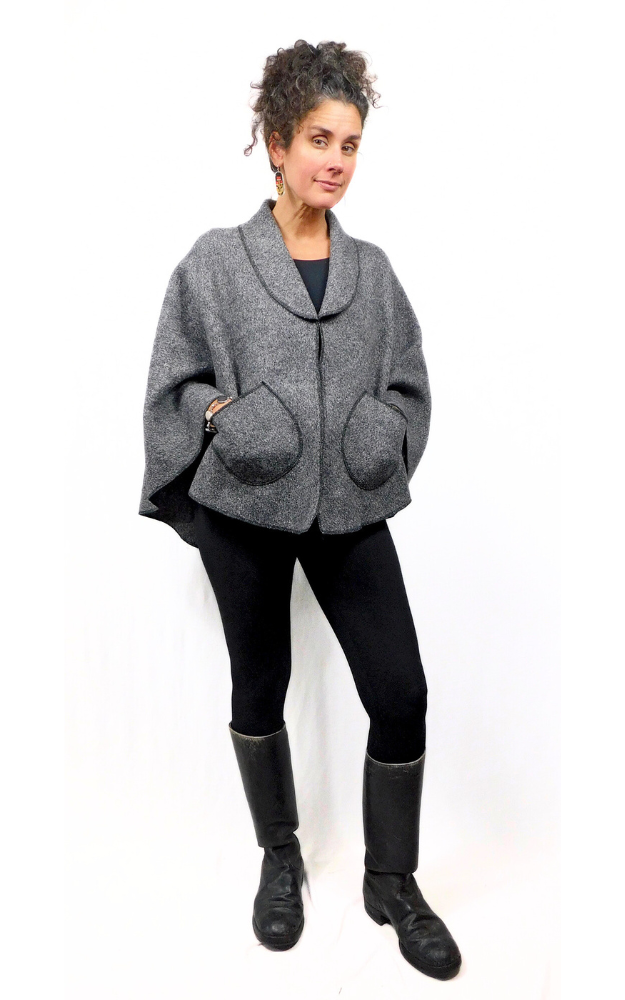 Charcoal Boiled Wool Cape with Black Dress & Tights Set