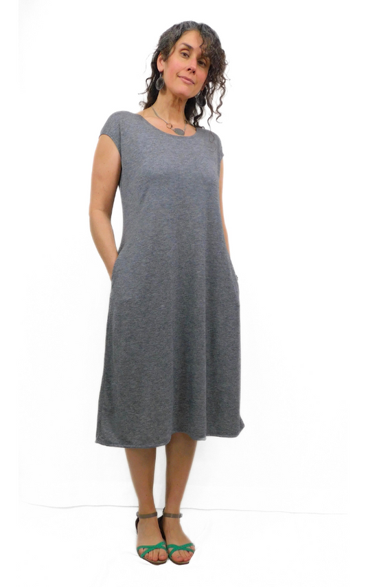 Merino Wool Cap Sleeve LONG Tunic Dress w/pockets - Charcoal