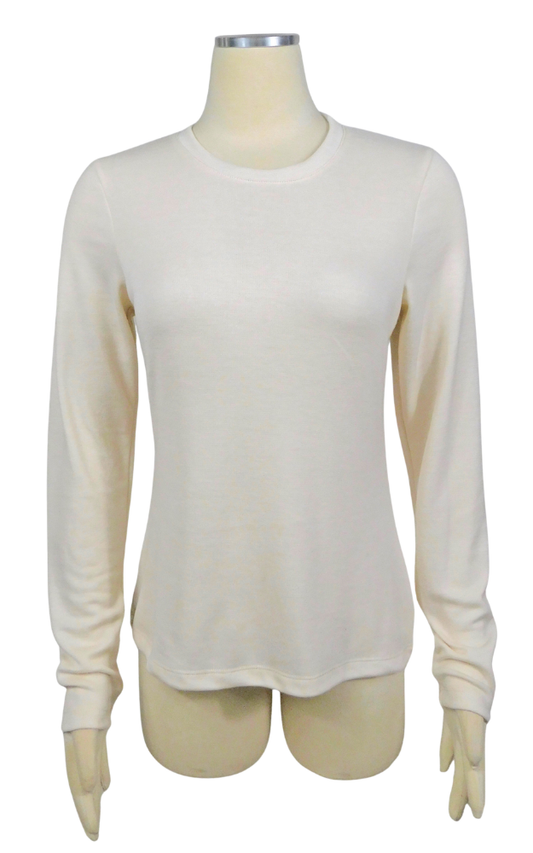 A cream-colored long-sleeve crewneck top displayed on a beige mannequin torso against a plain white background.