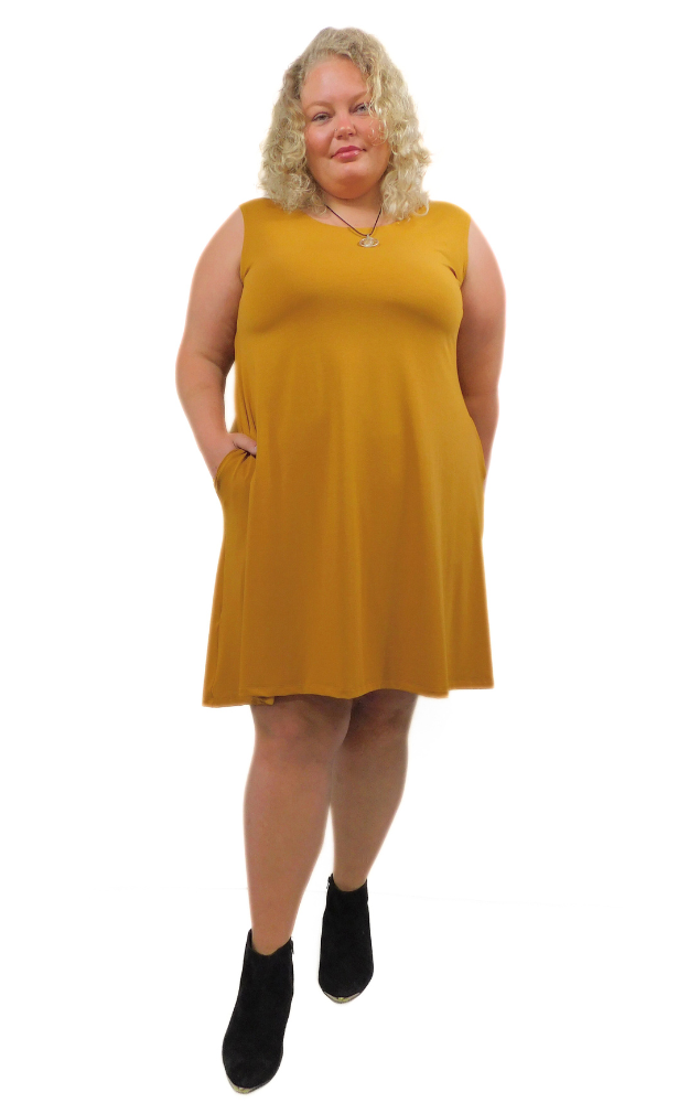 Sleeveless LONG Dress w/pockets -PLUS - Curry (Gold)
