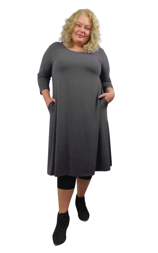 Bamboo/Cotton 3/4 Sleeve Long Tunic Dress w Pockets - Dark Sadow Grey - XL-3XL