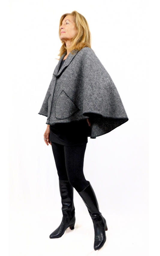 Charcoal Boiled Wool Cape with Black Dress & Tights Set