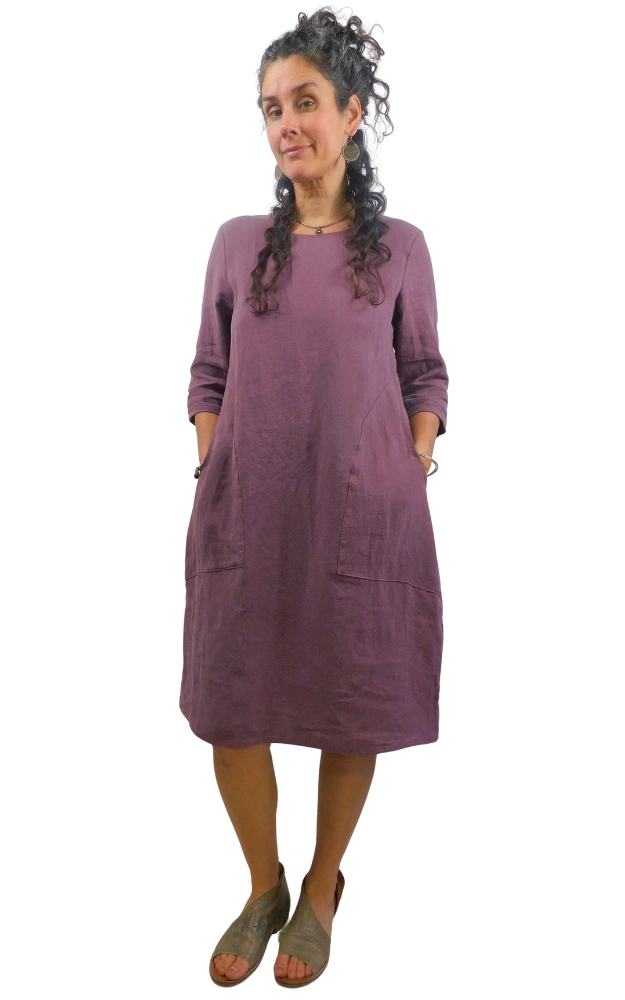 100% LINEN Dress w 3/4 Sleeves & Patch Pockets