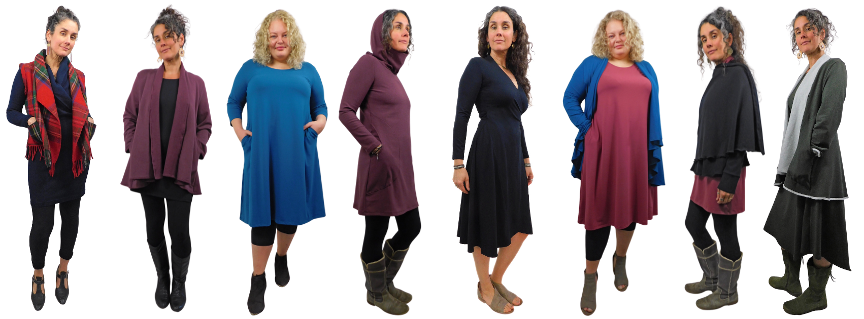 Multiple women wearing different outfits in a side-by-side comparison.