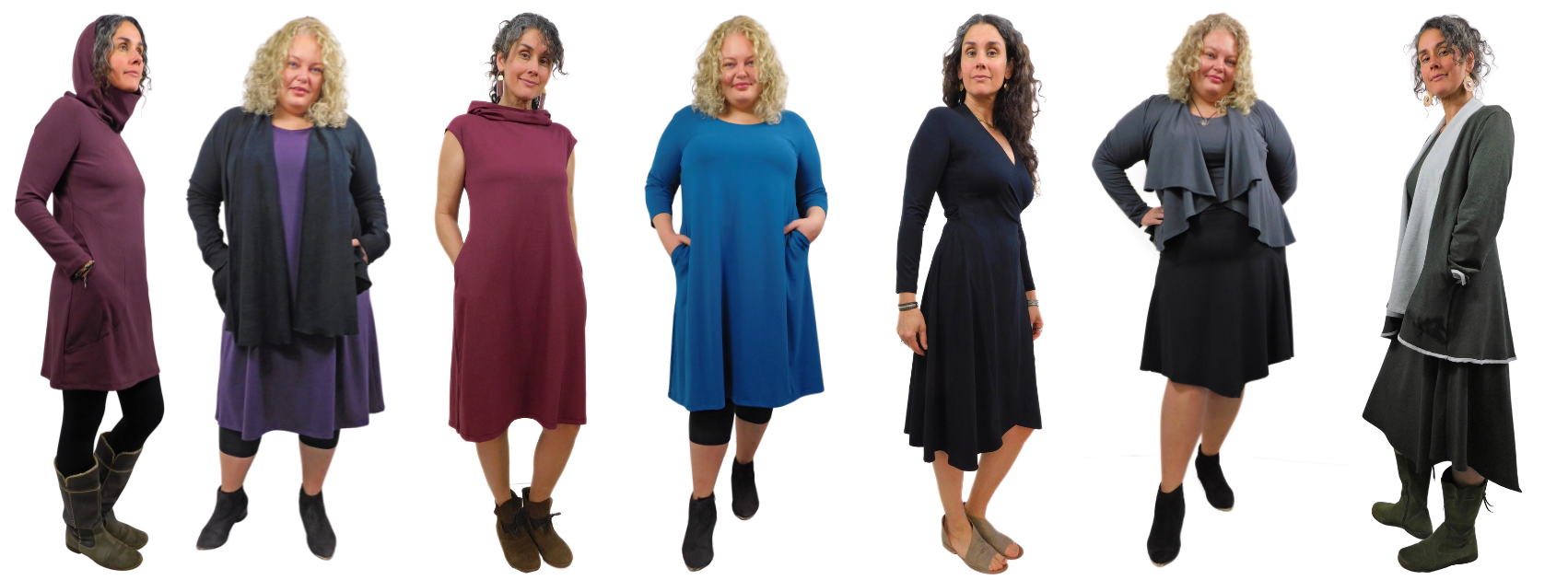 Woman modeling a variety of dresses in different colors and styles on a white background