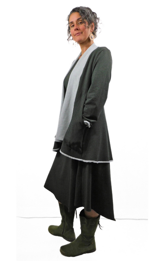 Bamboo Fleece Long Swing Jacket w/pockets  - Heather Forest Green