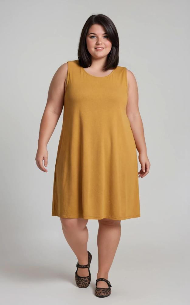 Woman wearing a mustard yellow sleeveless dress on a plain background