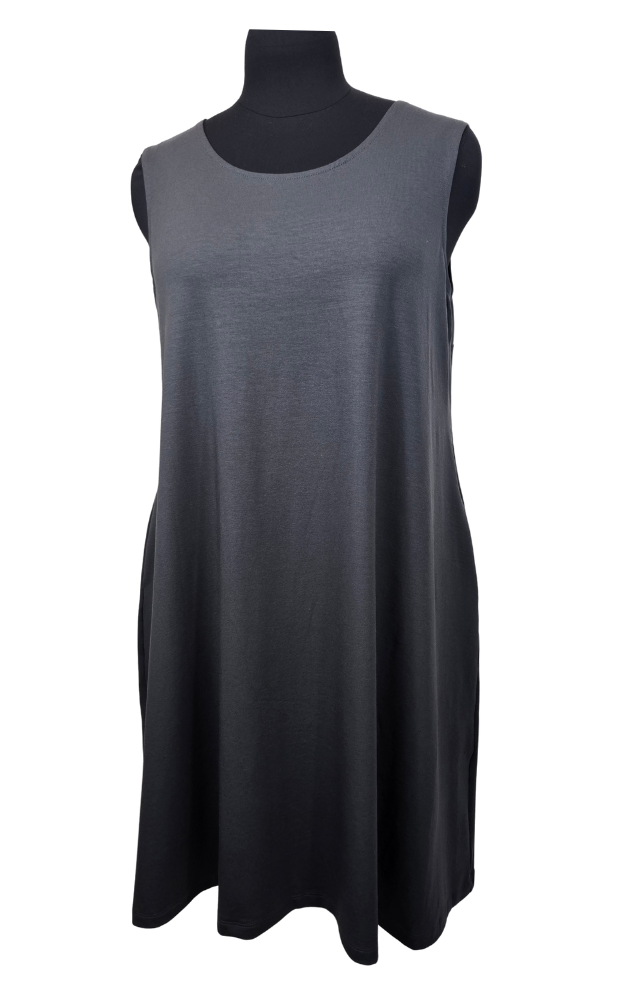 Gray sleeveless dress on a mannequin against a white background