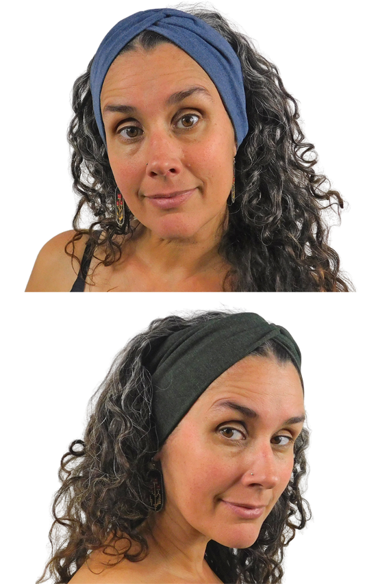 A split-screen comparison showing a woman wearing two twisted fabric headbands. The top panel shows a medium blue headband, and the bottom panel shows a dark charcoal gray headband, both against a plain white background.