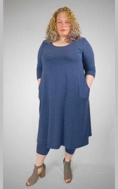 Bamboo Cotton 3/4 Sleeve Long Tunic Dress w Pockets - Heather Lake Blue