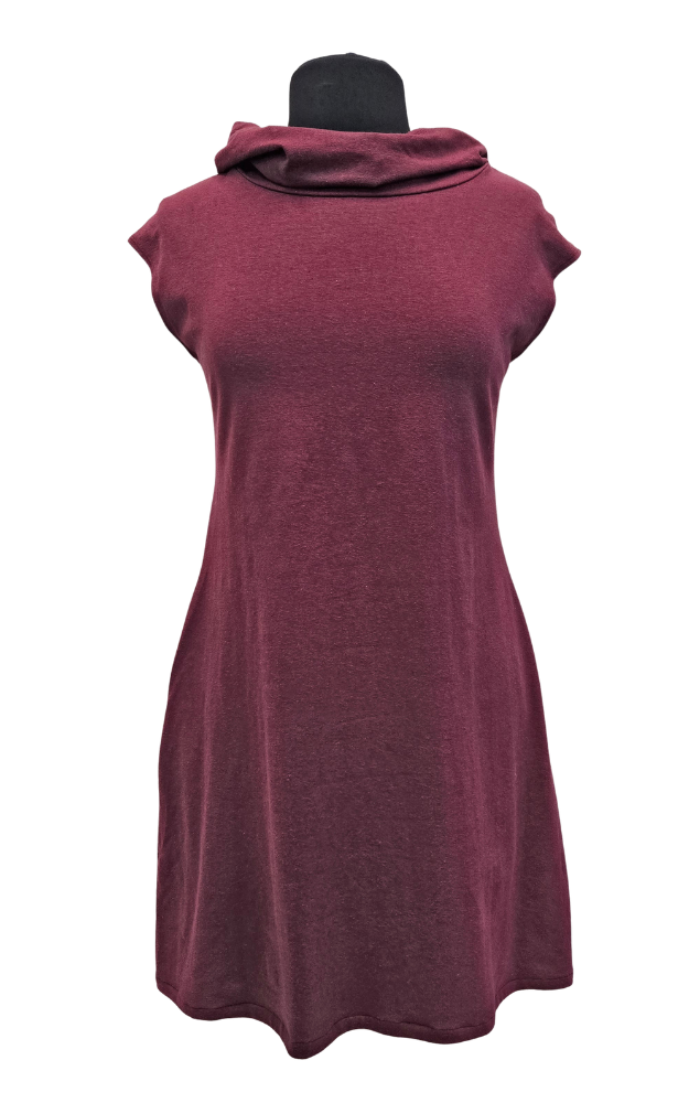 Maroon sleeveless dress on a mannequin against a white background