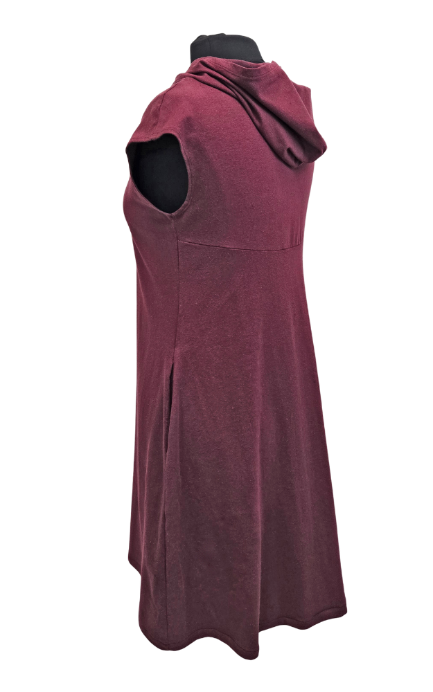 Maroon sleeveless dress with a hood on a white background