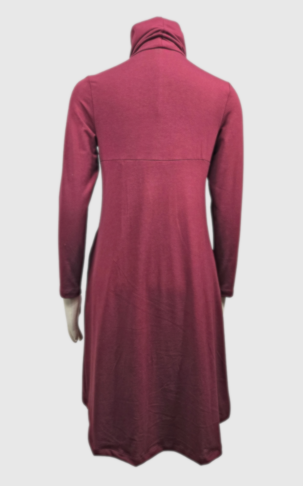 A long-sleeve, high-neck turtleneck dress in a heathered dusty rose wine color, displayed on a mannequin from the back against a plain white background.