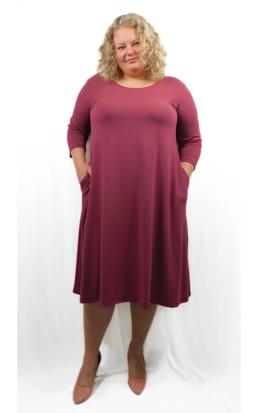 Bamboo/Cotton 3/4 Sleeve Long Tunic Dress w Pockets - Heretic (Wine) L-3XL