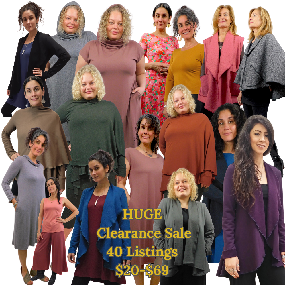 Group of women wearing various outfits with a clearance sale text overlay.