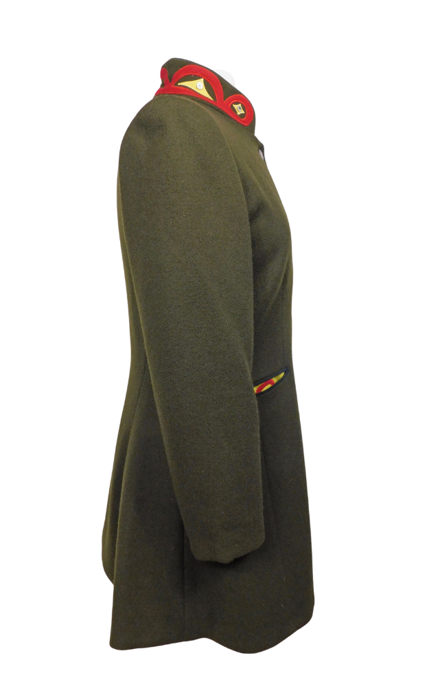 Green military-style coat red and gold design on collar on a white background