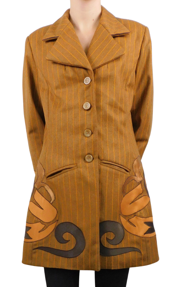 Golden brown striped coat with decorative elements on a white background