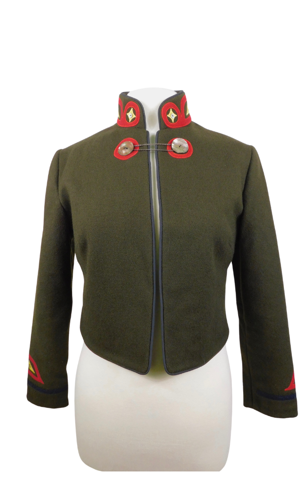 Green jacket  red and gold decorative elements on a white background