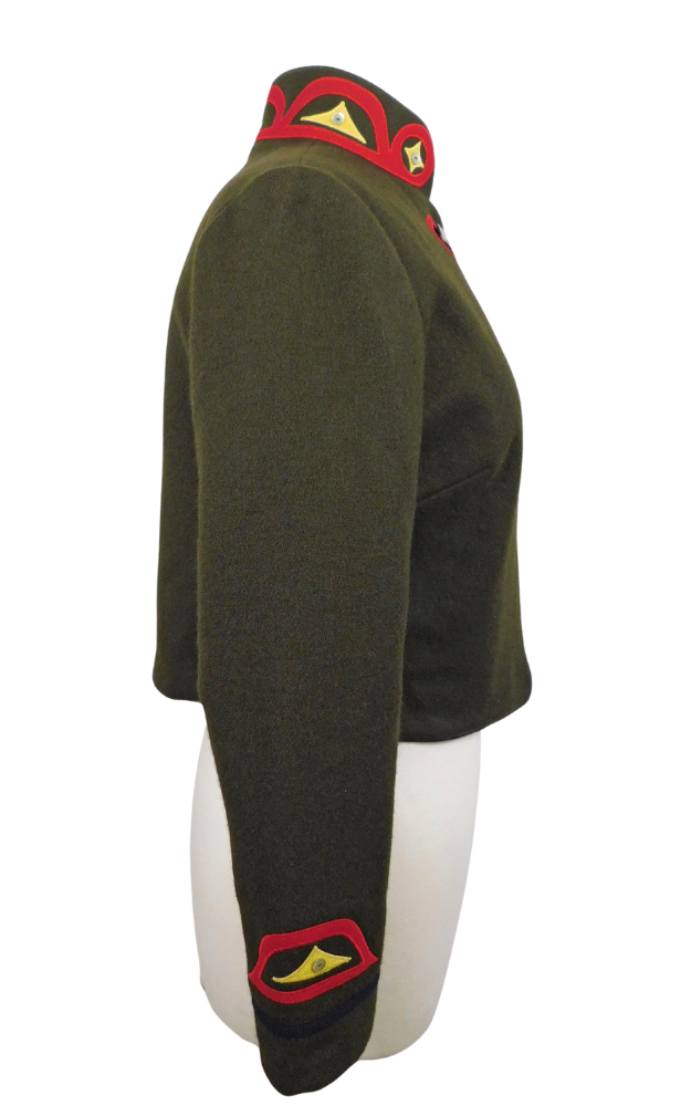 Green military-style jacket with red and yellow accents on a white background