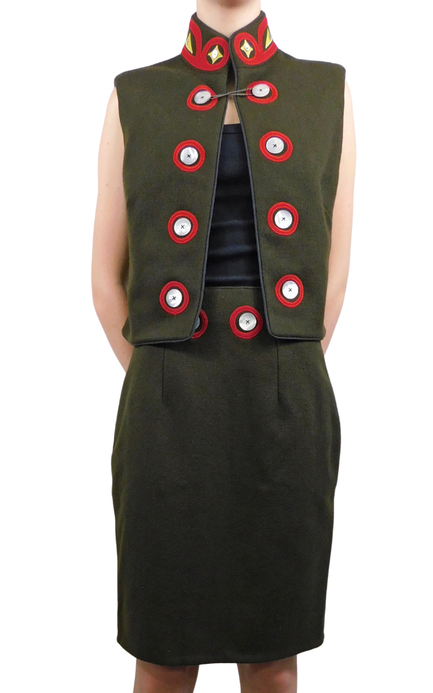 Olive Green Vest and Skirt with native artwork design on collar 