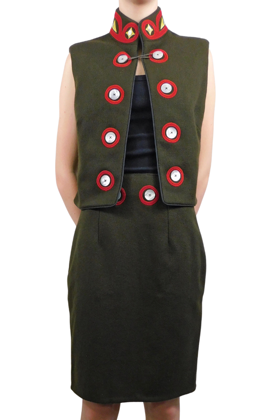 Olive Green Vest and Skirt with native artwork design on collar 