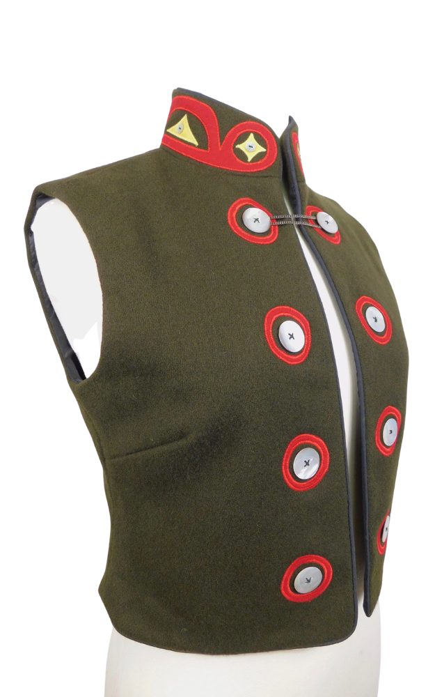 Green vest with red and gold decorative elements on a white background