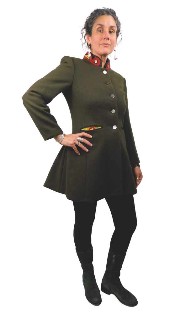Person wearing a green coat with buttons on a white background