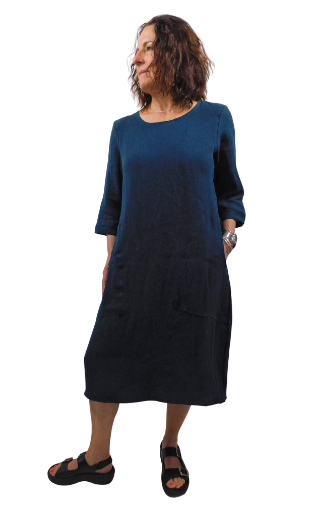 Woman wearing a blue dress on a white background
