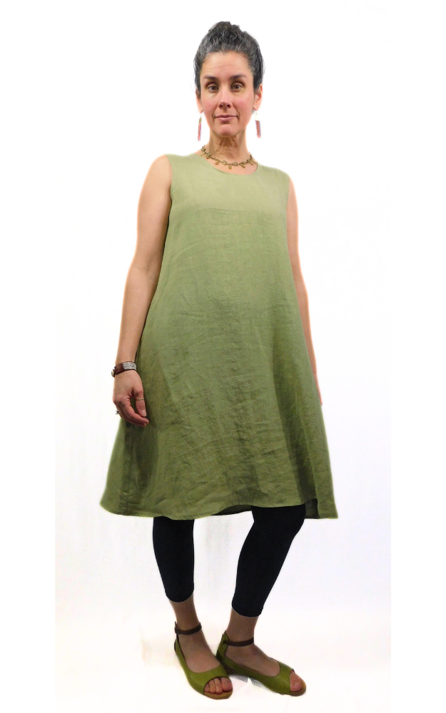 100% LINEN Long Sleeveless Dress w Pockets - Kelp Green