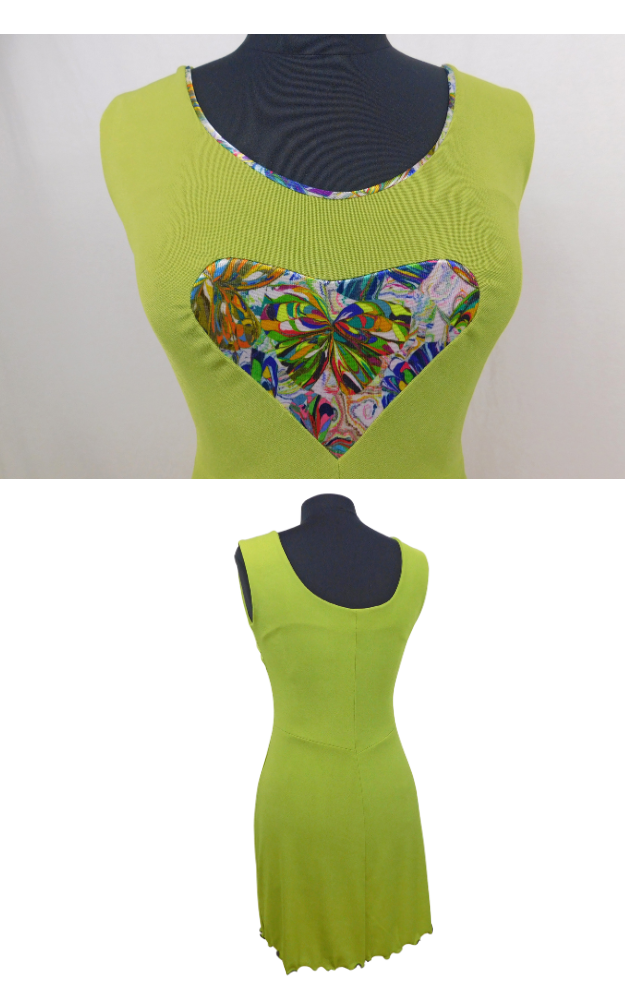 Green sleeveless dress with a colorful heart shaped patch on a white background above green dress back view