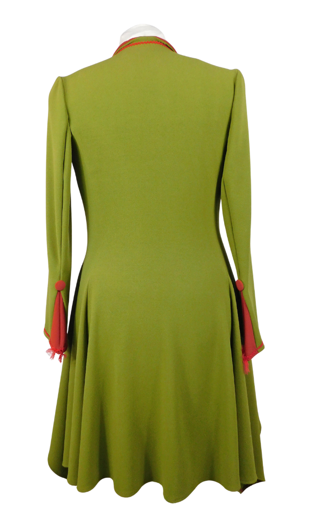 Green coat back with red accents on a mannequin against a white background