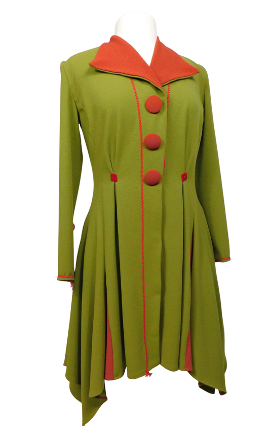 Green coat with red trim and buttons on a white background