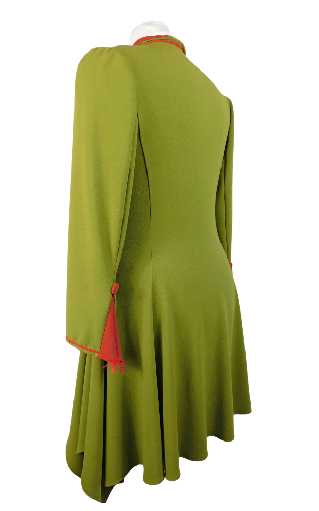 Green coat side back view with red accents on a mannequin against a white background