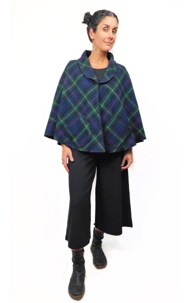 Recycled Yarn Wool Tartan Cape Jacket - McKenzie Tartan - Design Studio - Size L-2XL