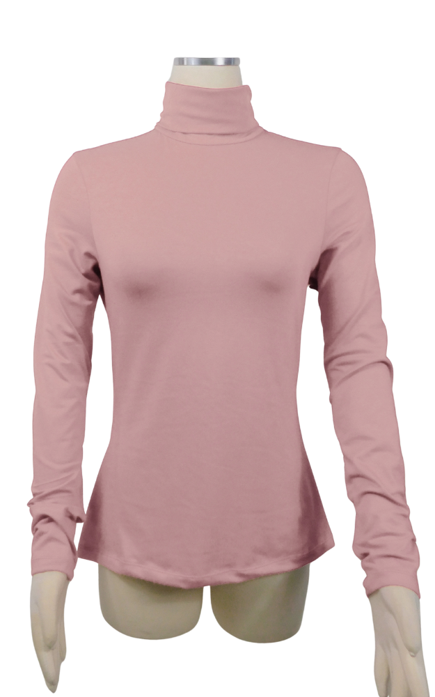 A dusty pink long-sleeve turtleneck top displayed on a beige mannequin torso against a plain white background.