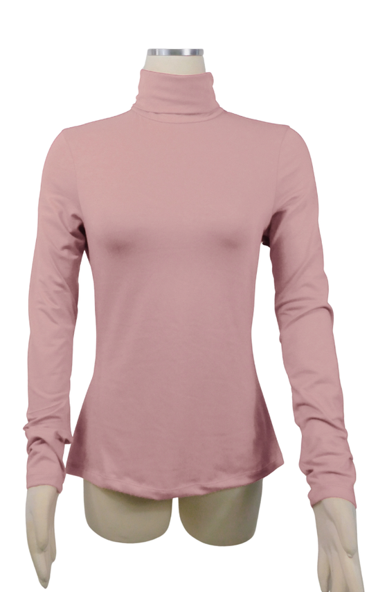 A dusty pink long-sleeve turtleneck top displayed on a beige mannequin torso against a plain white background.