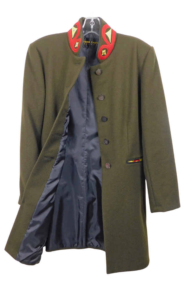 Green coat open on hanger to show lining