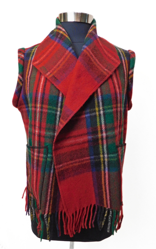 Red tartan vest with fringes on a mannequin against a white background