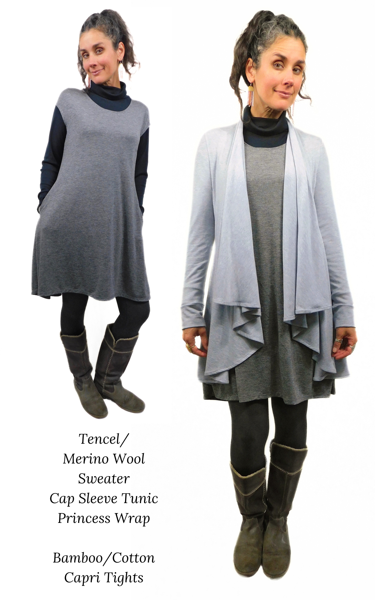 Two figures - one is wearing a tunic dress sweater and boots - and the other wearing an additional cardigan on top