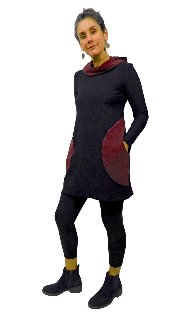 Bamboo Fleece Hooded Tunic with Patch Pockets - Black Bean & Mahogany/Wine