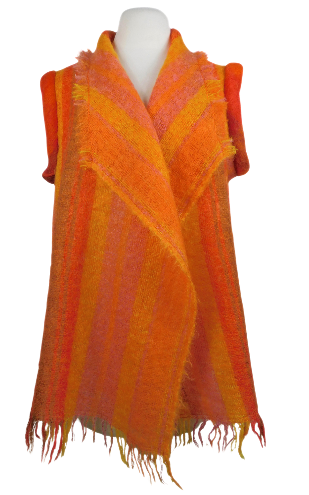 Orange vest with fringes on a mannequin against a white background