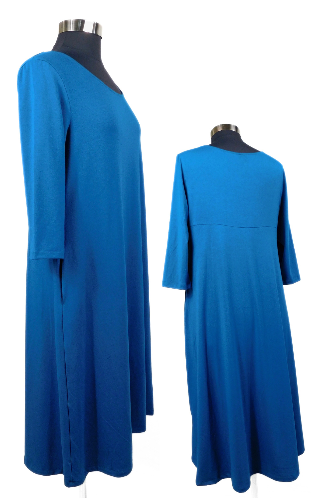 Blue dress on a mannequin with front side and back views against a white background