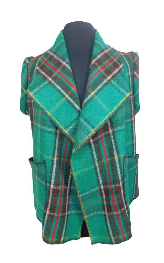 Green plaid vest on a mannequin against a white background