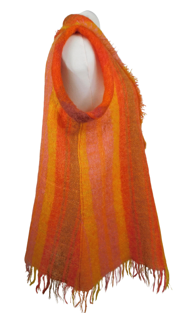 Orange and red striped vest - side view -  with fringes on a white background
